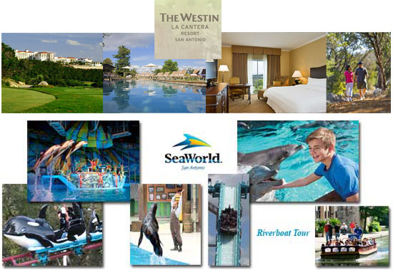 An unforgettable family vacation with<p>
<ul>
<li>Deep luxury in an elegant Hill Country resort at La Cantera Hill Country Resort. The resort hotel offers a wide assortment of onsite family activities, with multiple swimming pools, bicycle and jogging trails, Kid Camps, golfing, spa, exercise classes and much more 
<li>Inspiring excitement at SeaWorld 
<li>A leisurely river cruise on a Rio River Boat
</ul>
If you are interested in golfing, please fill out date and time you would like to reserve. There will be an additional cost of $85 per person.
