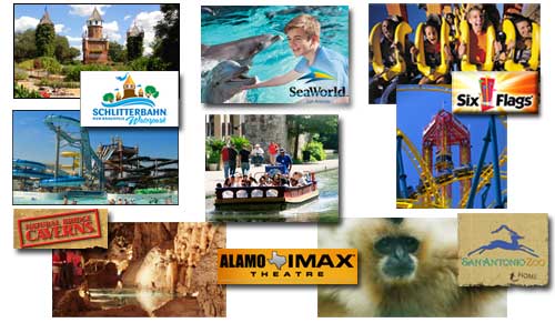 Package includes Hotels, tickets to SEAWORLD and SIX FLAGS FIESTA TEXAS,SAN ANTONIO ZOO,RIVER BOAT TOUR on the San Antonio Riverwalk, SCHLITTERBAHN WATERPARK, Tickets to THE PLAZA WAX MUSEUM, 4D Moving Theatre, Riply's Believe it or Not!, and NATURAL BRIDGE CAVERNS. By staying at one of our beautiful featured hotels along the Riverwalk, you can enjoy a guided riverboat tour. 

