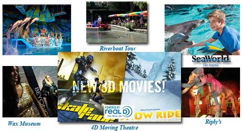 Looking for a vacation package that includes Hotels, SeaWorld, The San Antonio Riverwalk Boat Tour, more Downtown attractions, and Dinner on the famous San Antonio Riverwalk? This complete package includes a lot of fun in San Antonio at selected hotels, tickets to SeaWorld, Riverboat Tour of the San Antonio Riverwalk,  The  Plaza Wax Museum, 4D Moving Theatre, and Riply’s Believe it or Not!.