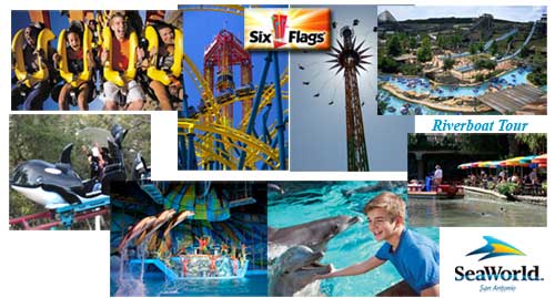 Double San Antonio theme parks vacation package includes fun in San Antonio at selected San Antonio hotels near Seaworld and Six Flags, Six Flags Fiesta Texas tickets, Seaworld tickets, and River Walk Boat Tour tickets