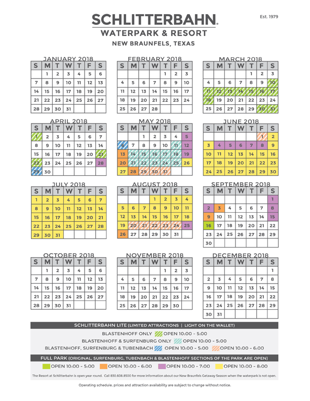 Seaworld San Antonio, Six Flags, Schlitterbhan Schedules